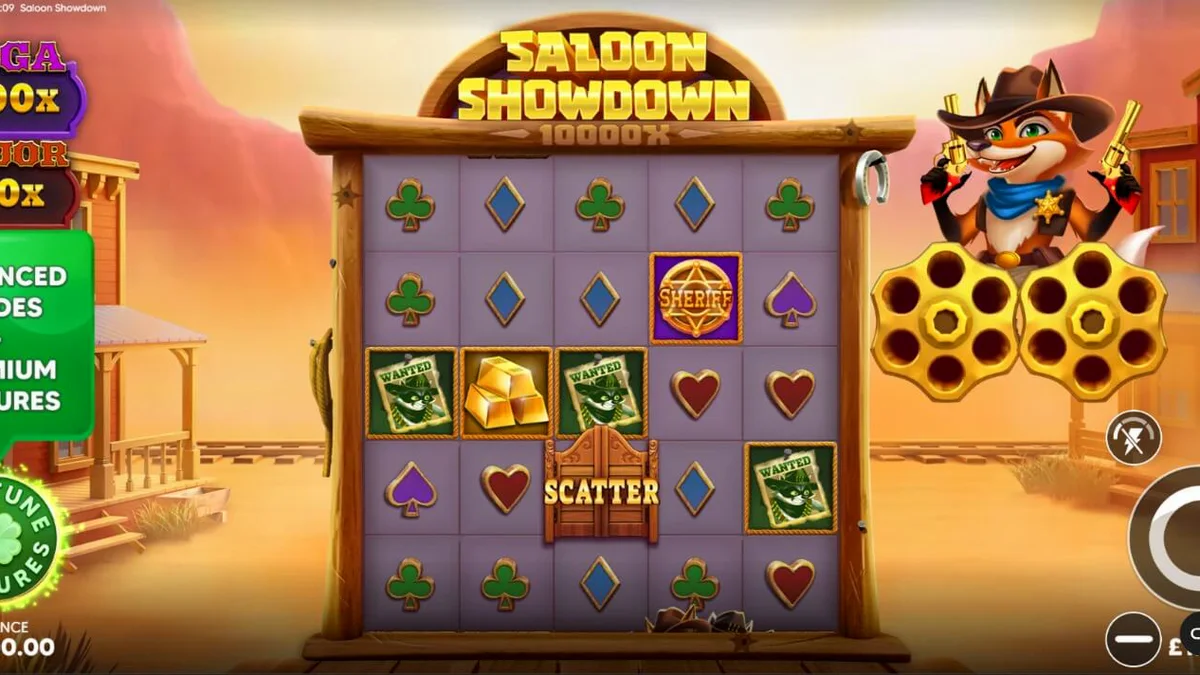 Tampilan visual slot Saloon Showdown 10,000x dengan tema Wild West kartun